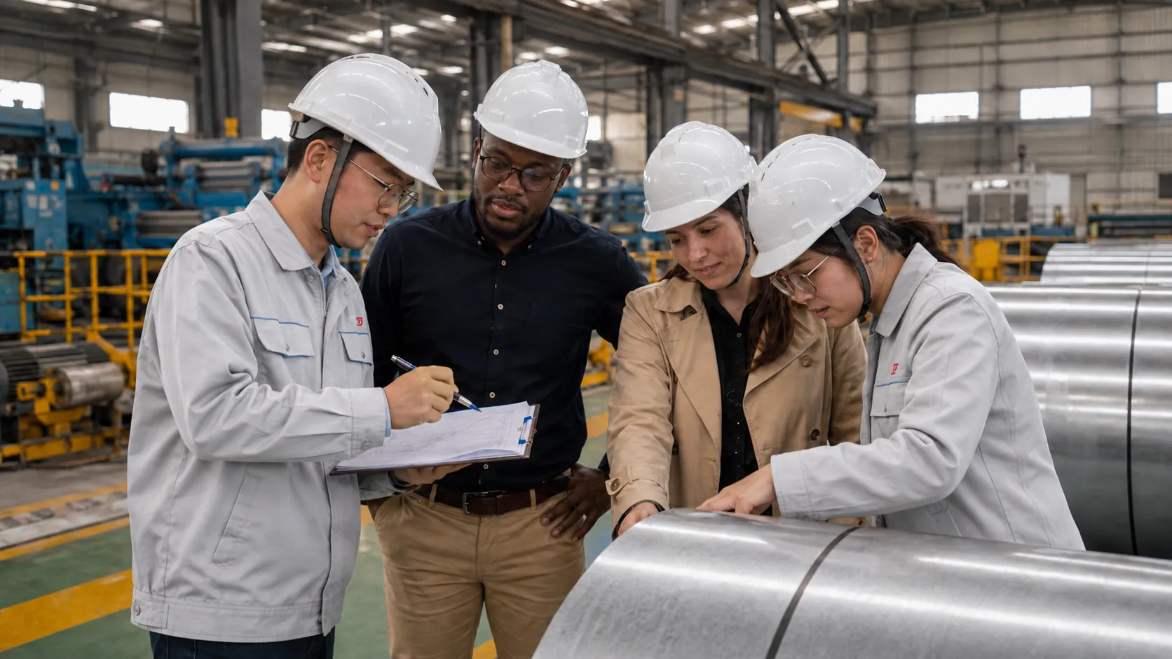 client team inspecting a steel coil and reviewing specifications