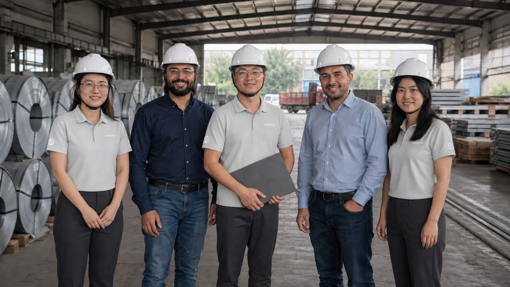 international partners meeting in a steel warehouse