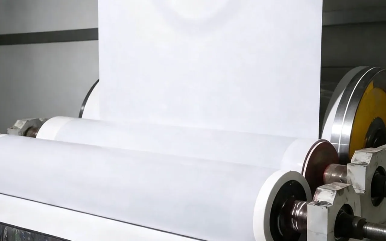 White color-coated steel sheet passing through finish-coating rollers
