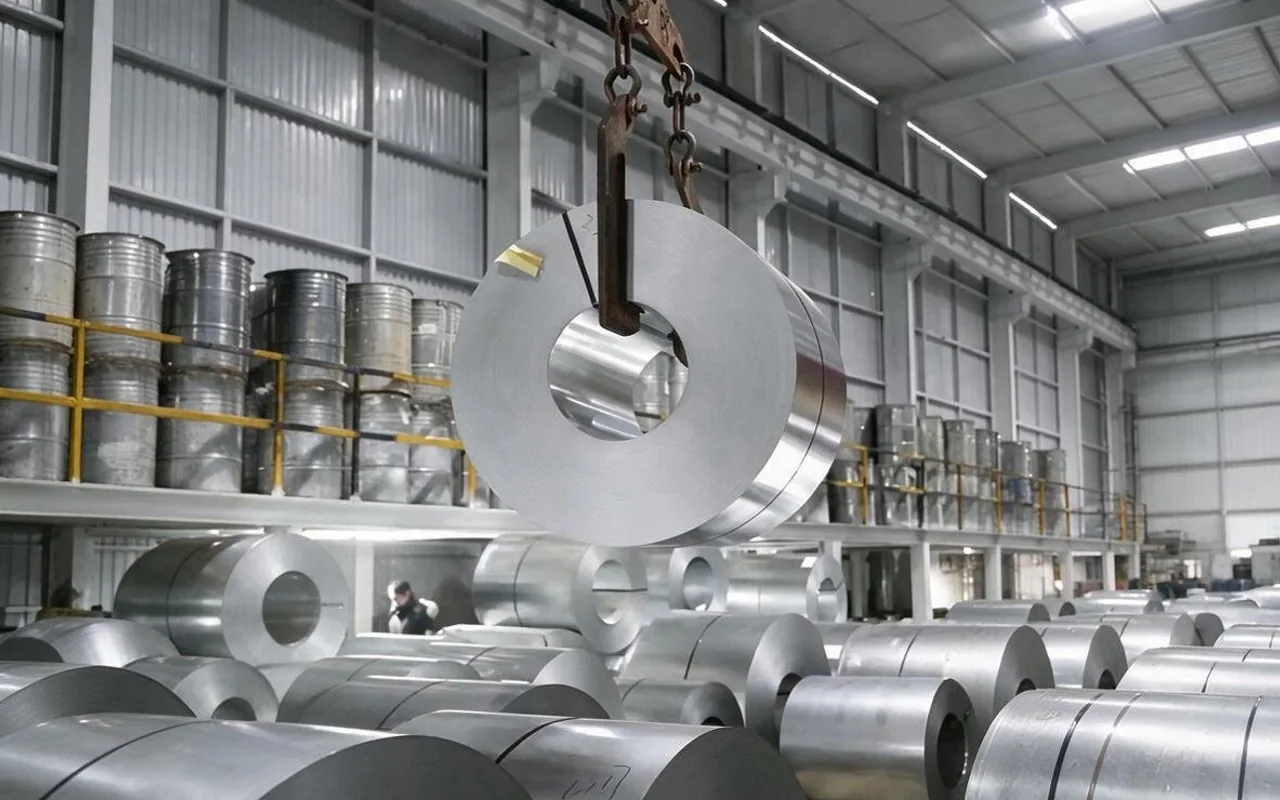 Steel coils being moved inside the color-coating production workshop