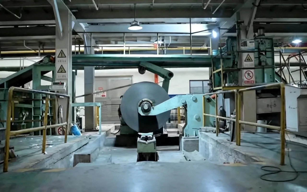 Raw steel coil positioned at the entry section of the galvanizing line