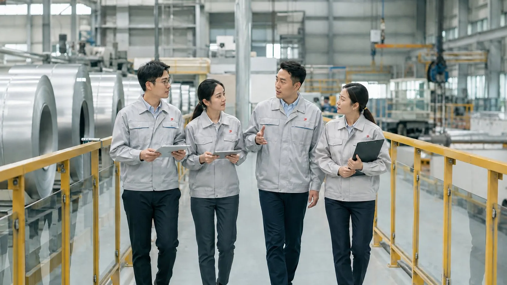 quality and production specialists inspecting a steel coil