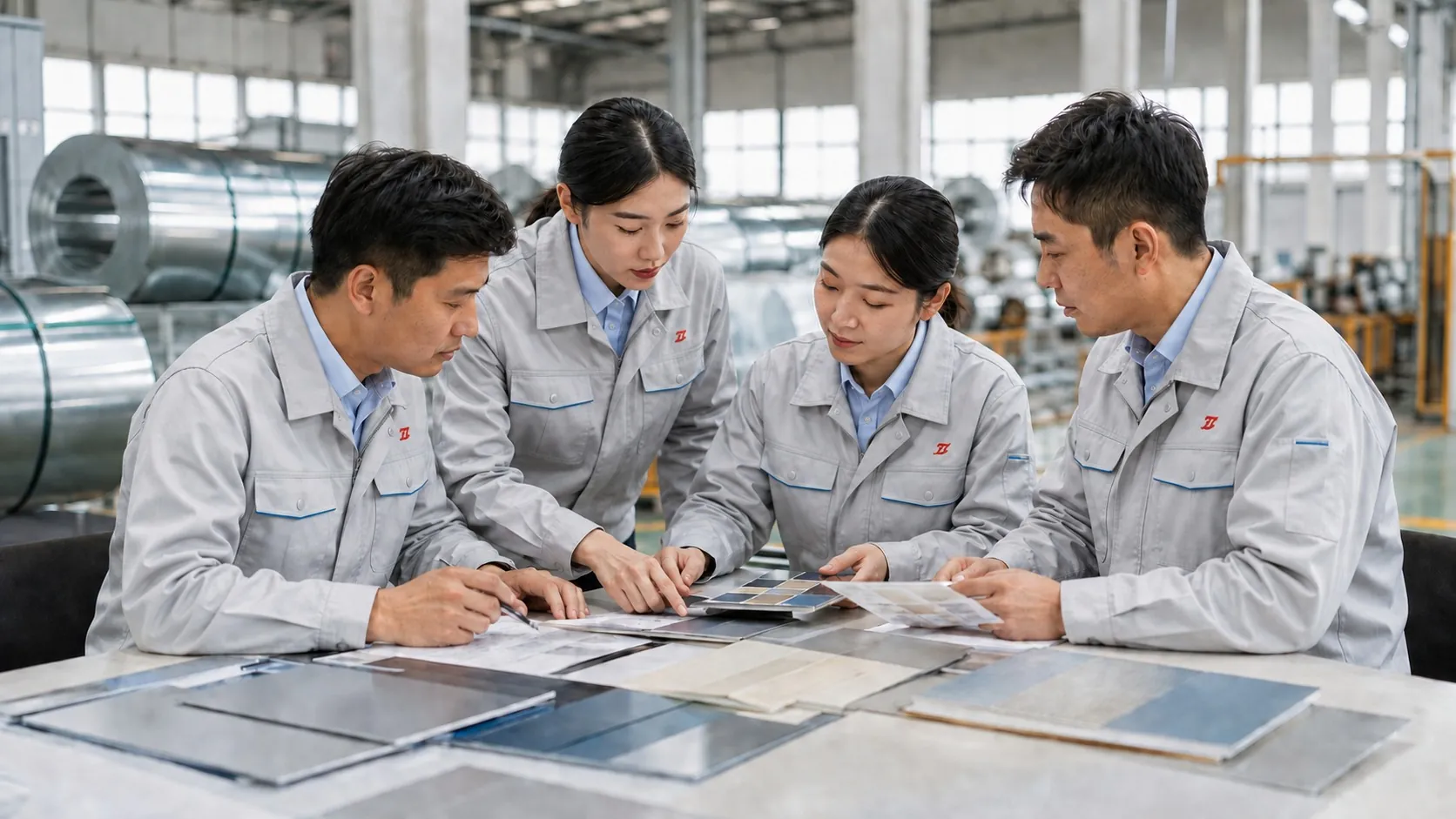 technical sales specialists discussing steel product requirements
