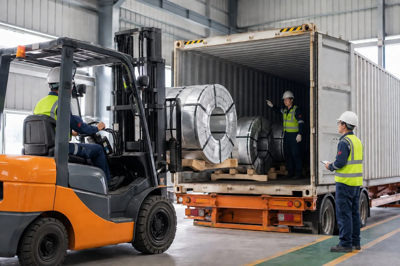Prepared steel coils beside freight containers for prompt dispatch