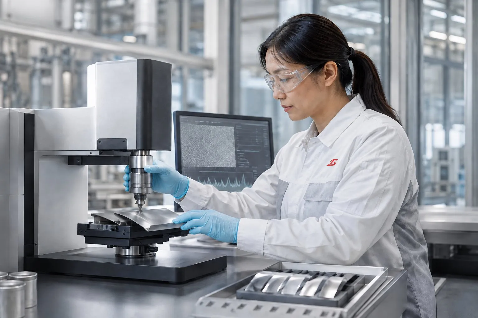 Engineer evaluating coated steel development data in a laboratory
