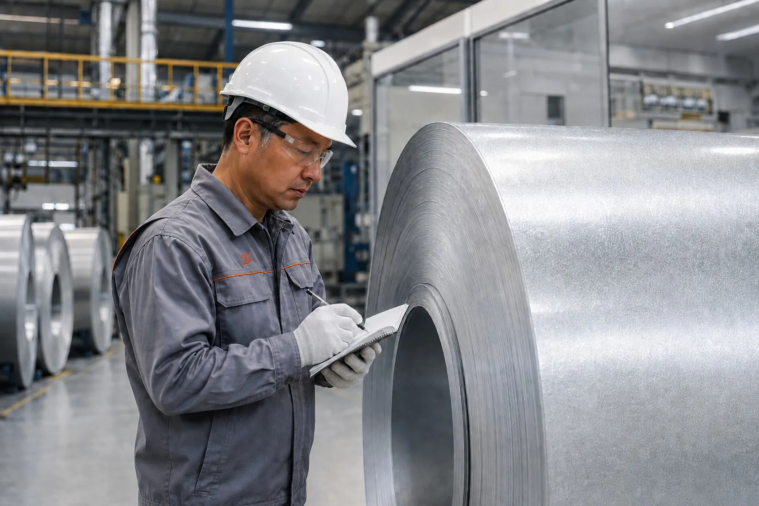 Chinese steel worker recording steel coil inspection notes
