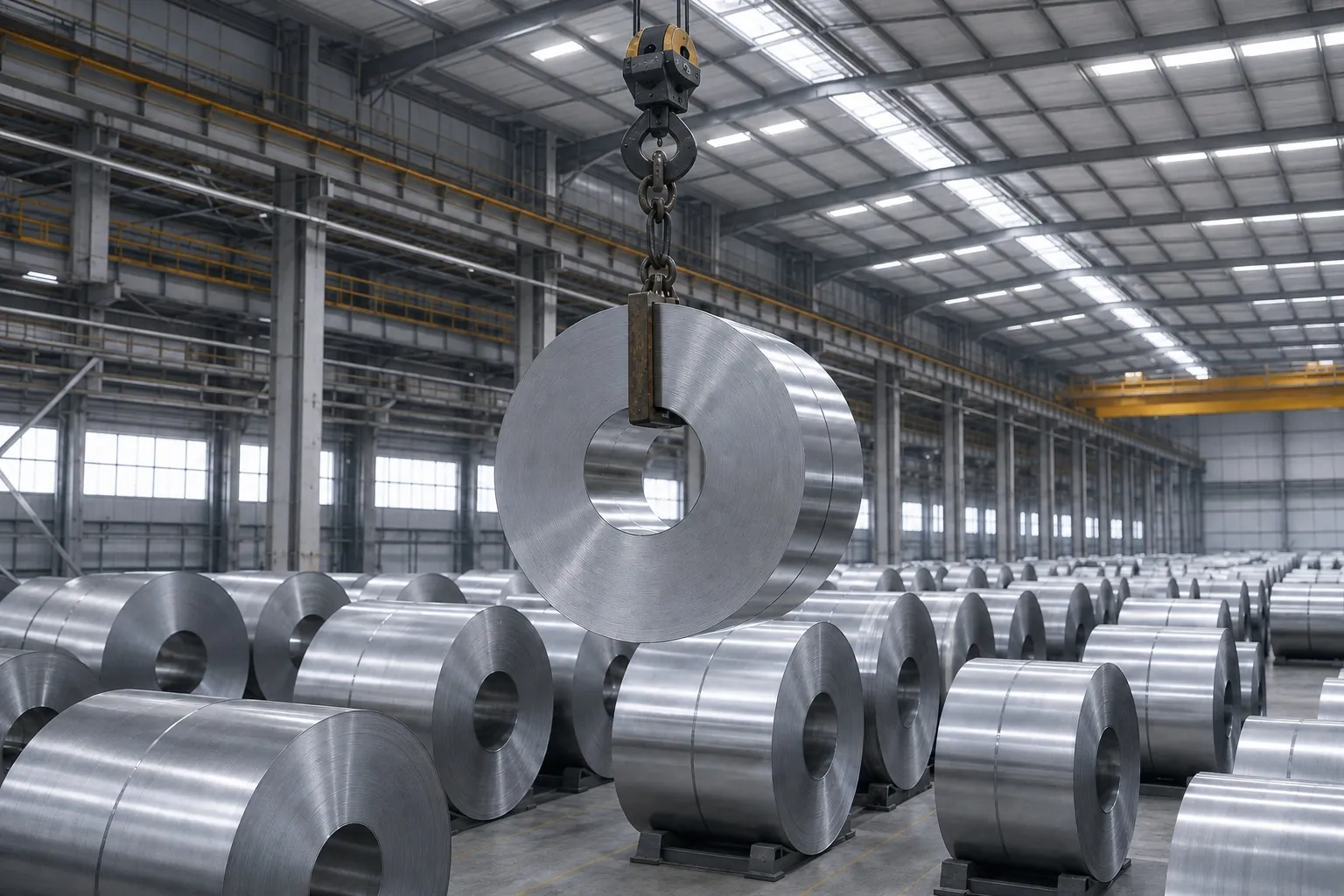 Steel coil being lifted above organized inventory in a modern warehouse
