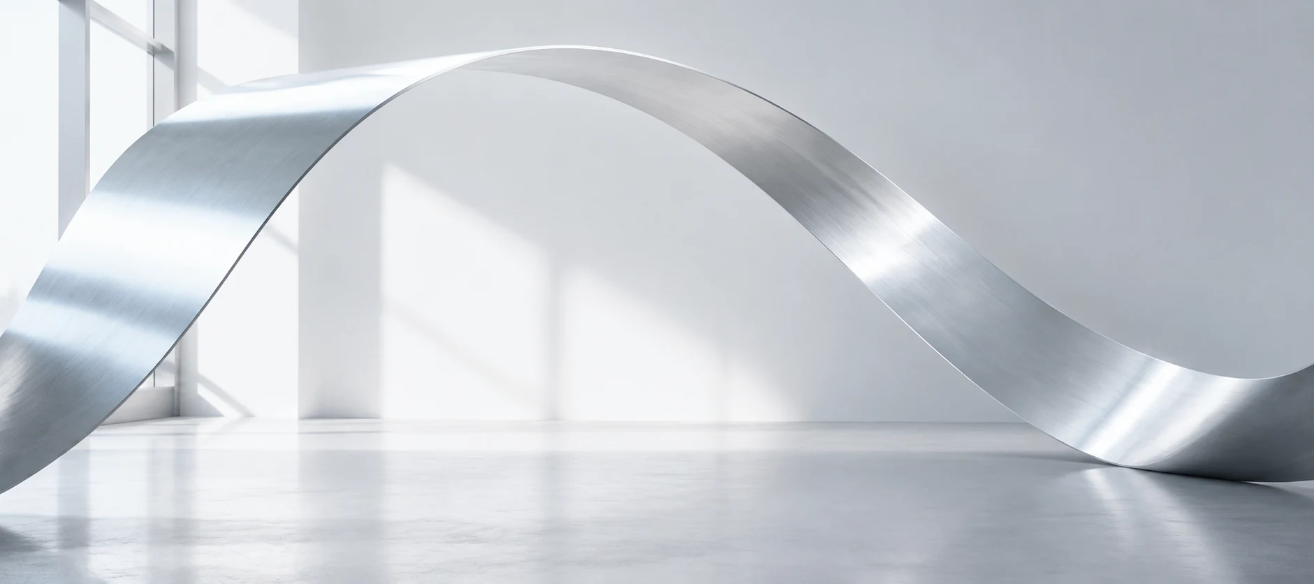 Conceptual architectural composition featuring a flowing brushed-steel ribbon